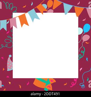 Vector Happy Birthday background. Hand-drawn Birthday sweets, party blowouts, party hats, gift boxes and bows, garlands and balloons, music notes and Stock Vector