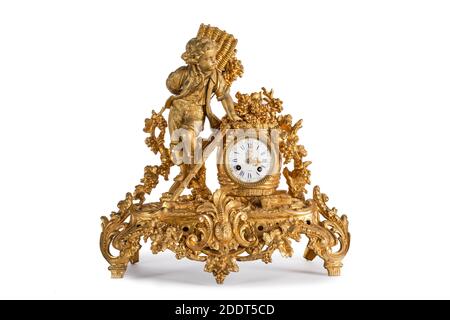 Studio photo of bronze antique mantel clock on white background. Western Europe. 19th century Stock Photo