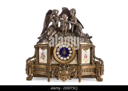 Studio photo of bronze antique mantel clock on white background. Western Europe. 19th century Stock Photo