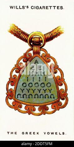 Antique cigarettes cards. Wills's cigarettes (Lucky Charms). The ancient Greek Vowels  magical amulet. 1923 It is believed that this amulet brings the Stock Photo