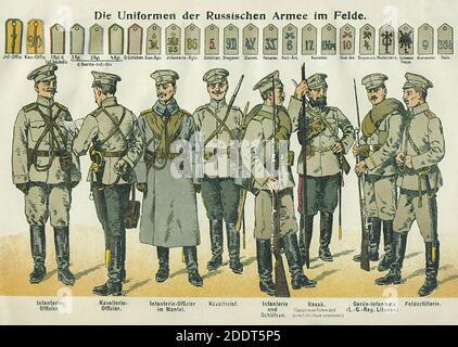 The uniforms of the Russian army in the field. 1914 From left to right: Infantry officer, cavalry officer, infantry officer in coat, cavalryman, infan Stock Photo