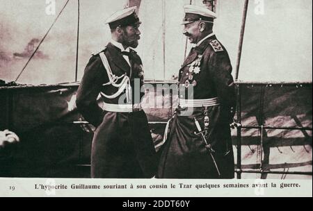 Retro photo of meeting of German Emperor Wilhelm II and Russian Emperor Nicholas II on yacht's aboard. 24 July 1905 in Björkö (modern Finnland) during Stock Photo