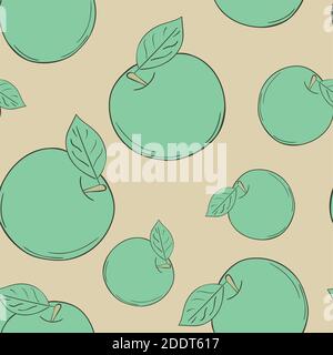 Vector apple seamless pattern. Green and brown background fruits Stock Vector