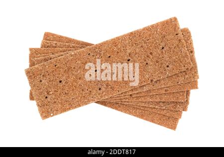 Stack of thin rye crispbread isolated on white. Top view. Stock Photo