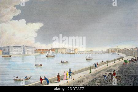 St. Petersburg, Neva River, Street Scene. Sailing Ships, Rowboats, Military Officers, Horse and Carriage, what a lovely summer day in the Saint Peters Stock Photo