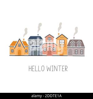 Cartoon houses. Hello winter. Vector illustration isolated. Stock Vector