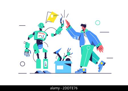 The guy and the electro robot give 5 to each other Stock Vector