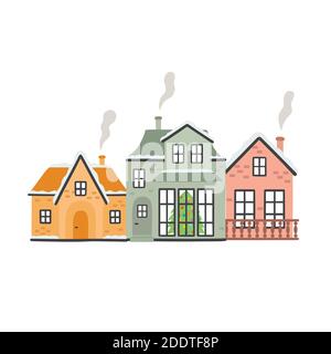 Winter houses with a Christmas tree. Vector illustration isolated Stock Vector