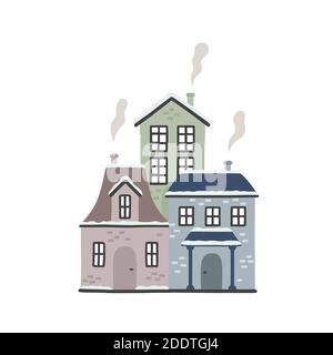 Cartoon winter houses. Vector illustration isolated on white background. Stock Vector