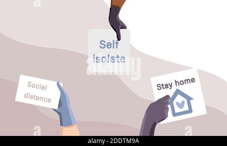 Stay at home poster on beige backdrop. Social distance text for social banner or propaganda, hygiene promotion, medical poster. Chemist shop logo or i Stock Vector
