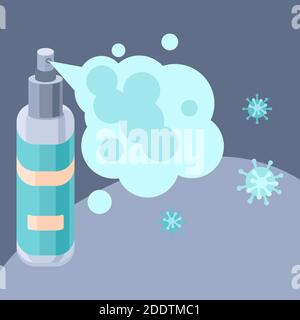 Antiseptic spray on grey backdrop. Virus disinfection sign for social banner or propaganda, hygiene promotion, medical poster. Chemist shop logo or in Stock Vector