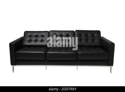 Black leather sofa isolated on white background. Empty black couch. Stock Photo