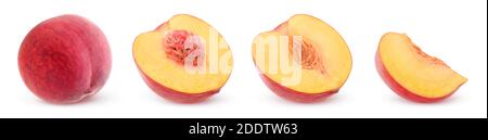 Whole fresh peach fruit, halves and a slice in a row isolated on white background Stock Photo