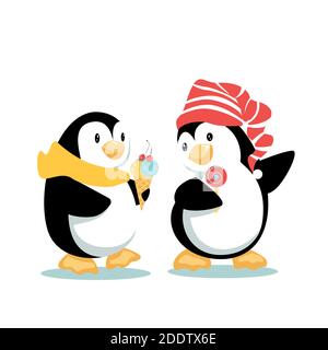 Penguin Friends Walk Chatting and Eating Snacks Stock Vector