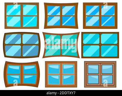 Windows set isolated on white background. Collection of cartoon illustration with closed glass with wood frame. Classic house construction element cli Stock Vector