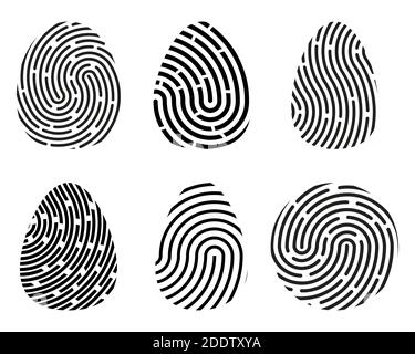 Fingerprint icon set. Unique finger stamp silhouette shapes isolated on white background.  Black criminal identity symbol collection. Individual signa Stock Vector