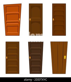 Door vector set isolated on white background. Collection of cartoon home design element. Brown closed wood doorway in different style. Locked apartmen Stock Vector