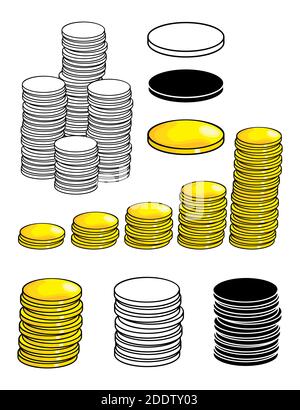 Money set. Gold coin symbol isolated on white background. Collection of cartoon business vector icon. Single, pile and stack graphic design. Color, si Stock Vector