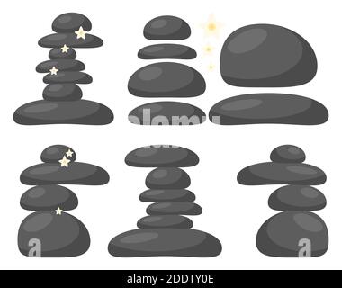 Spa stones set isolated on white background. Massage pebble collection for wellness therapy. Cartoon element of stack hot stone. Oriental relaxation r Stock Vector