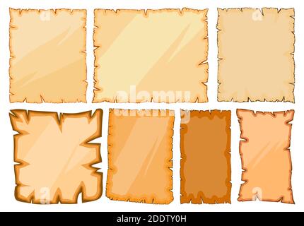 Old paper sheets illustration set. Vector collection of empty parchment isolated on white background. Ripped grunge page in cartoon drawing stale. Eps Stock Vector