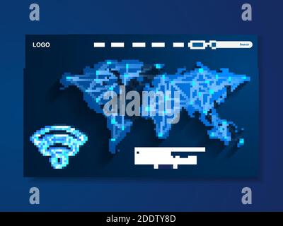 Wireless technology landing page, blue background with world map, interface, vector, illustration, eps 10 file Stock Vector