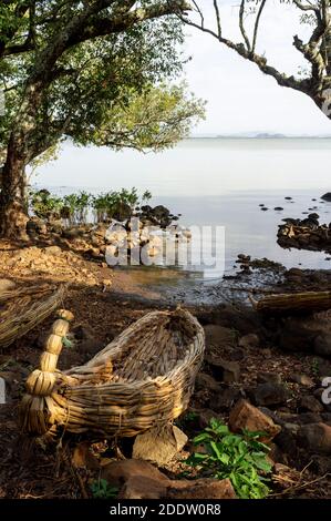 Tankwa traditional Ethiopian reed boat made from Papyrus on Lake Tana in Northern Ethiopia Stock Photo