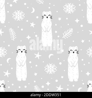 Cute ermine seamless pattern with Christmas tree elements, snowflakes and stars around. Nursery hand drawn vector illustration in Scandinavian style. Stock Vector