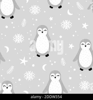 Cute penguin seamless pattern with abstract elements and dots around. Nursery hand drawn vector illustration in Scandinavian style. Stock Vector