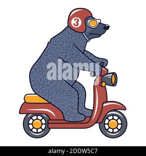 Funny Bear with sunglasses, helmet and scooter for child t-shirt design. Vector illustration Stock Vector