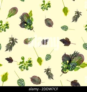 Green leaves natural pattern seamless on yellow pastel Stock Photo