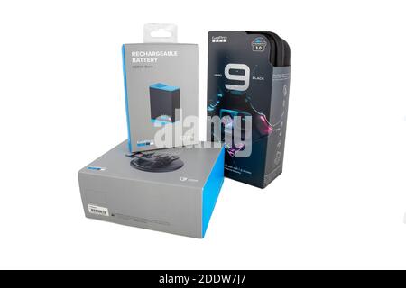 Moscow,Russia - November 20, 2020: factory box with original special case new flagship action camera gopro hero 9 and accessories in boxes isolated. Stock Photo