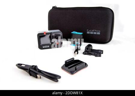 Moscow,Russia - November 20, 2020: new flagship action camera gopro hero 9 with oroginal special case and accessories isolated Stock Photo
