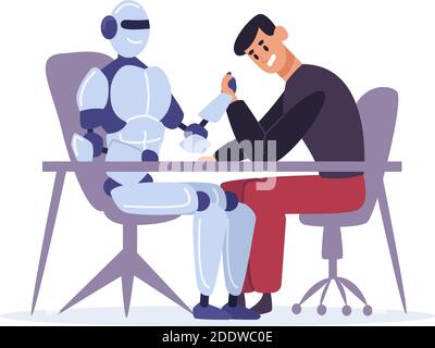 Human competing with robot in arm wrestling. Man versus artificial intelligence, confrontation sitting at table Stock Vector