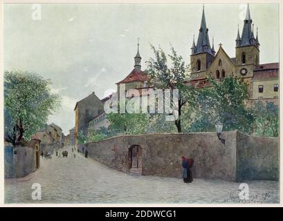 Václavská Street under the Emmaus Monastery (Emauzský klášter) in Nové Město (New Town) in Prague depicted in the watercolour painting by Czech painter Václav Jansa (1896) from his cycle Old Prague (Stará Praha) ordered by the Prague Magistrate and published in the beginning of the 20th century by Czech publisher Bedřich Kočí. Stock Photo