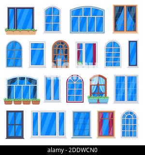 Window frames. Wooden house windows, retro room window frames, house wall plastic windows. Architecture exterior elements vector illustrations Stock Vector