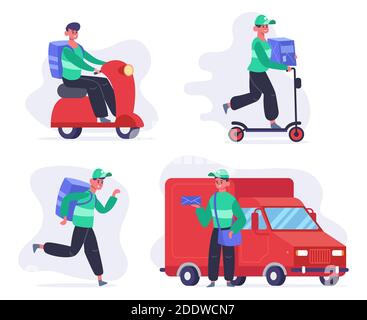 Delivery service characters. Courier or postal employee on van and kick scooter, fast delivery service. Package delivery vector illustration set Stock Vector