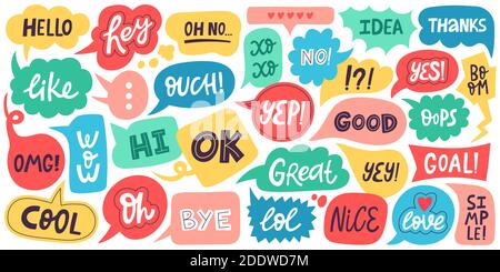 Dialogue speech bubbles. Chat balloons, small talk frames, conversation clouds with greeting phrases. Dialogue chat bubbles vector symbols Stock Vector