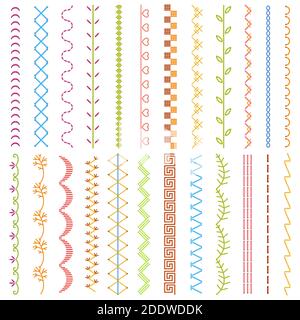 Sewing stitches. Embroidery stitches borders, detailed thread stitch, fabric embellishment pattern. Sewing seams ornament vector illustration set Stock Vector