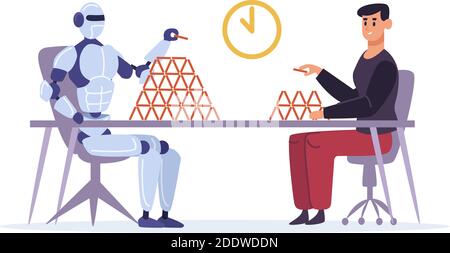 Man versus artificial intelligence. Guy and robot making card house. Automated machine performing task quickly Stock Vector