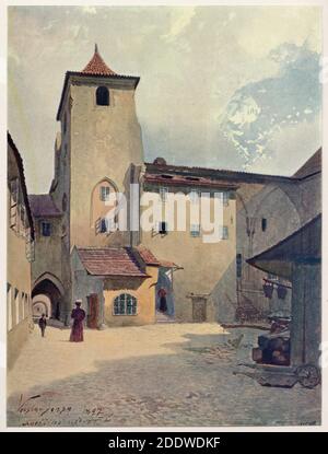 Inner courtyard of the Convent of Saint Agnes (Anežský klášter) in Staré Město (Old Town) in Prague depicted in the watercolour painting by Czech painter Václav Jansa (1897) from his cycle Old Prague (Stará Praha) ordered by the Prague Magistrate and published in the beginning of the 20th century by Czech publisher Bedřich Kočí. Stock Photo