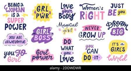 Women feminist quotes. Female motivational slogan, body positive and inspirational hand drawn letterings. Women empowerment vector illustrations Stock Vector