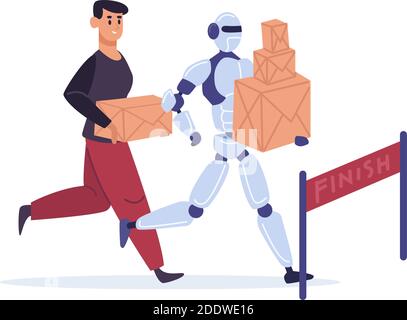 Competition with automation technology. Man and robot running to finish with parcels. Guy and cyborg Stock Vector