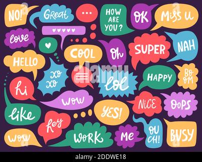 Doodle conversation clouds. Dialogue chat bubbles with small talk phrases, think or talk clouds. Hand drawn speech bubbles vector symbols set Stock Vector