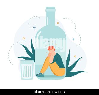 Alcohol addiction. Drunk man inside alcohol bottle, bad habit and unhealthy lifestyle, alcohol addicted frustrated person vector illustration Stock Vector