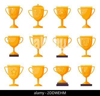 Champion golden cups. Gold winner trophy goblets, achievement award cups. Victory golden trophies and rewards isolated vector illustrations Stock Vector