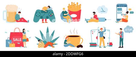 Bad addictions. Male and female characters with drug addiction, overeating, alcoholism, unhealthy lifestyle. Addicted people vector illustrations Stock Vector