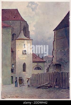 Former chapel of Saint Ludmila (Kaple svaté Ludmily) next the Týn Church (Týnský chrám) in Staré Město (Old Town) in Prague depicted in the watercolour painting by Czech painter Václav Jansa (1883) from his cycle Old Prague (Stará Praha) ordered by the Prague Magistrate and published in the beginning of the 20th century by Czech publisher Bedřich Kočí. The chapel was demolished in 1886 shortly after the watercolour was painted. Stock Photo