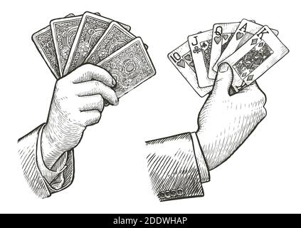 Poker cards Straight Flush in hand. Playing cards sketch vintage vector illustration Stock Vector