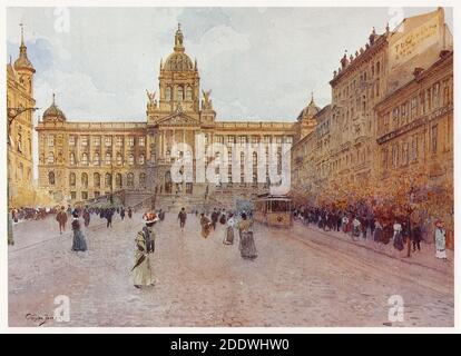 National Museum (Národní muzeum) in Wenceslas Square (Václavské náměstí) in Nové Město (New Town) in Prague depicted in the watercolour painting by Czech painter Václav Jansa (1900) from his cycle Old Prague (Stará Praha) ordered by the Prague Magistrate and published in the beginning of the 20th century by Czech publisher Bedřich Kočí. Stock Photo