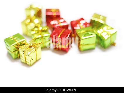 top view of arranged wrapped christmas gift boxes with ribbons on white backgrounds Stock Photo